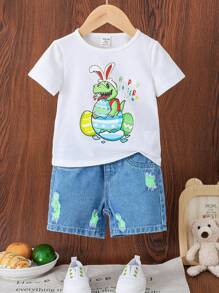 SHEIN Summer Street Style Easter Dinosaur Printed Short Sleeve T-Shirt And Baggy Ripped Denim Jeans Shorts Set For Baby Boys Festival Outfits - Multicolor - View 1
