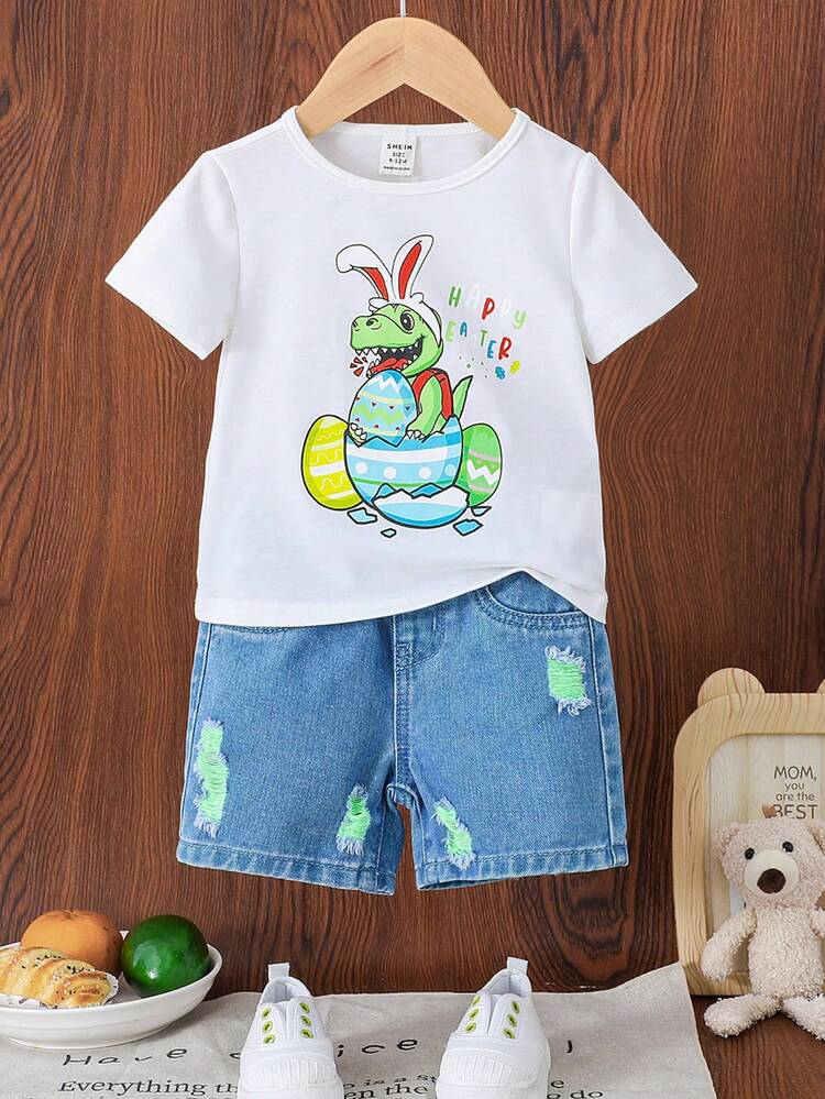 Summer Street Style Easter Dinosaur Printed Short Sleeve T-Shirt And Baggy Ripped Denim Jeans Shorts Set For Baby Boys Festival Outfits