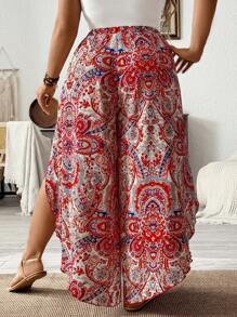 SHEIN LUNE 大码女式印花弹力腰带系带不对称下摆长裤度假装扮女装大码女装节日波西米亚风服装复古印花不对称下摆长裤节日波西米亚风大码夏季女装裤装女装大码夏季女装度假装扮女装节日夏季女装度假装扮女装 - 彩色 - 查看 2