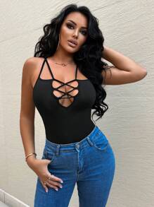 SHEIN SXY Thời Trang Nữ Gợi Cảm Đường Phố Màu Trơn Slim Fit Ngực Rỗng Đeo Chéo Dây Đeo Vai Hở Lưng Mùa Hè Yếm Top - màu đen - Xem 1
