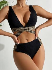 SHEIN Swim مجموعة بيكيني نسائية جذابة مع حزام مضفر لإجازة الصيف - الأسود - مشاهدة 5