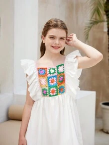 Tween Girls' Casual Academy Style Sweater Dress With Square Collar And Ruffled  Patterned Hemline