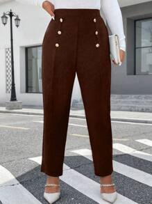 Celure Plus Button Detail Pants - Coffee Brown - View 1