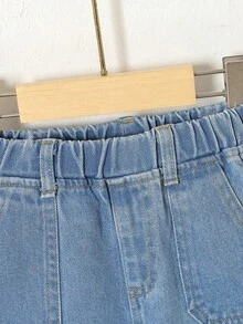 Spodnie cargo dla dziewczynki z miękkim spranym dżinsem i kieszeniami - Średni jeans - Zobacz 3