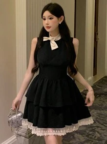 DAZY 女士网纱撞色返校礼服，带蝴蝶结装饰，新年夏日连衣裙，正式女士礼服，舞会礼服，优雅女士连衣裙