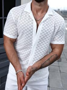 Manfinity Homme Men Summer Casual Solid Color Textured Short Sleeve Shirt Slim Fit Button Up Collar Plain Shirt - White - View 4