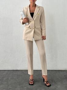 EURMUSE Spring & Autumn Casual Solid Colored Suit Set With Turn-Down Collar, Double-Breasted Jacket And Tapered Pants - Beige - View 5