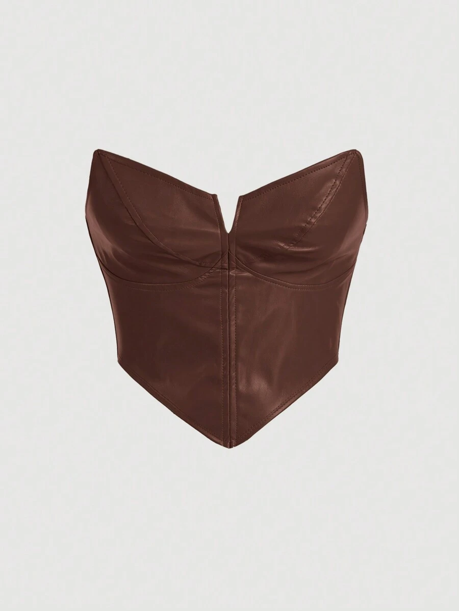SHEIN MOD Brown V-Shaped Slit Solid PU Leather Tube Top