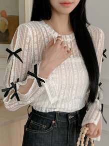 DAZY Blusa sencilla y lisa con decoración de lazo, manga larga para mujer, ideal para uso diario en verano