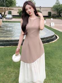 DAZY Ladies' Fashionable Elegant Sheer Mesh Splice Waist Cinched Dress, Birthday Prom Dress,Ruffle