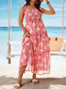 SHEIN Clasi Plus Size Butterfly Printed Layered Vacation Style Square Neckline Sleeveless Dress For Summer - Pink - View 5