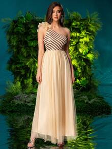 Double Crazy Women's Mesh Contrast Glitter One Shoulder Formal Dress - Champagne - View 6
