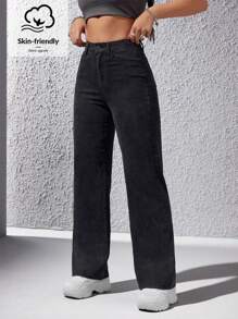 SHEIN EZwear Women's Casual Straight Leg Jeans With Slanted Pockets - Black - View 6