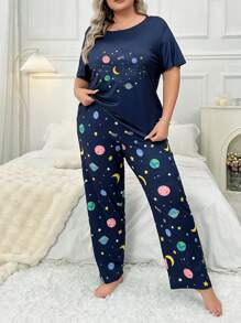 Conjunto de pijama de talla grande para mujer con estampado de planetas de dibujos animados - Azul - Ver 1