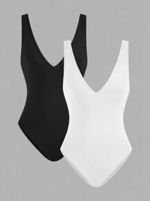 SHEIN EZwear Plus Size Women's Black & White 2 Pieces Sexy Plunging V-Neck Sleeveless Backless Bodycon Bodysuit, Summer Vest Top Suitable For Going Out - Multicolor - View 3
