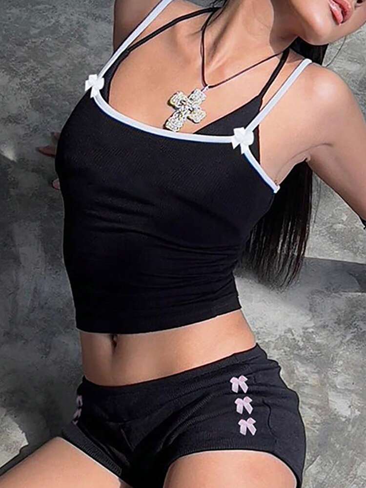 Women's Summer Casual Colorblock Bow Decorated Slim Fit Cropped Camisole Top