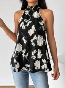 SHEIN Privé Women's Summer Casual Floral Print Neck Strap Tie Black And White Printing Shirt For Party Work, Party And Leisure Workout