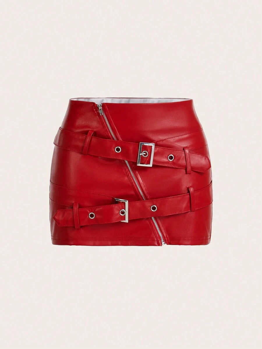 SHEIN ICON Y2K黑色PU迷你裙，帶斜拉鍊和腰帶細節