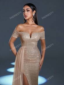 Faeriesty Stunning Shimmering Sequined Gown With Off-Shoulder Short Sleeves & High Thigh Slit, Elegant Romantic Prom Dress For Weddings, Parties & Events (Spring/Summer Glam, Flowing Tulle Side Panels, Party Dress Wedding Guest Dress Formal Dress Evening Dress