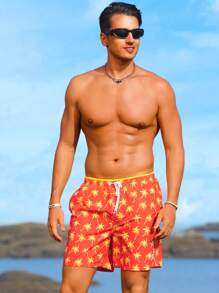Surfspeed Men's Stripe Printed Drawstring Casual Beach Shorts - Orange - View 3