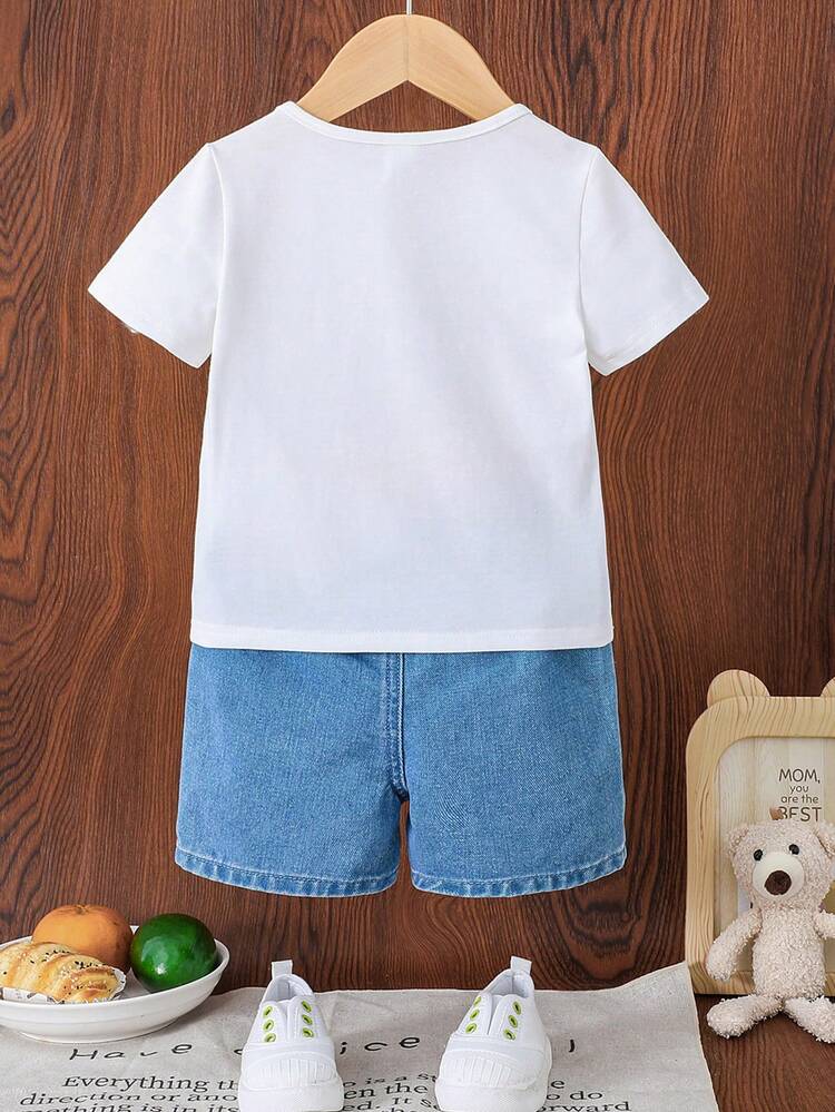 Summer Street Style Easter Dinosaur Printed Short Sleeve T-Shirt And Baggy Ripped Denim Jeans Shorts Set For Baby Boys Festival Outfits