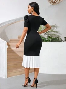 SHEIN Lady Đầm công sở thanh lịch màu sắc xếp ly viền bồng bềnh ôm sát dành cho nữ, mùa hè - Đen và trắng - Xem 2