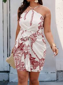 Plus Size Holiday Casual Random Printed Wrap Around Tie Neck Dress