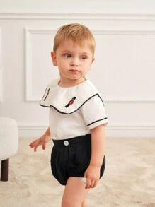 Souflis Souflis Baby Boys' 2pcs/Set Elegant French Retro Navy Collar Embroidery Printed Top & Shorts, Spring/Summer