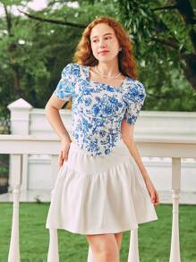 SHEIN Teen Girl Fashionable Summer Sweet Printed Top And Solid Color Skirt Set - Blue and White - View 6