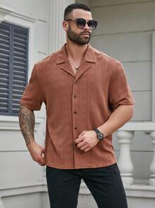 Manfinity Homme Fashionable Plus Size Men Short Sleeve Shirt With 3D Texture - Brown - View 4