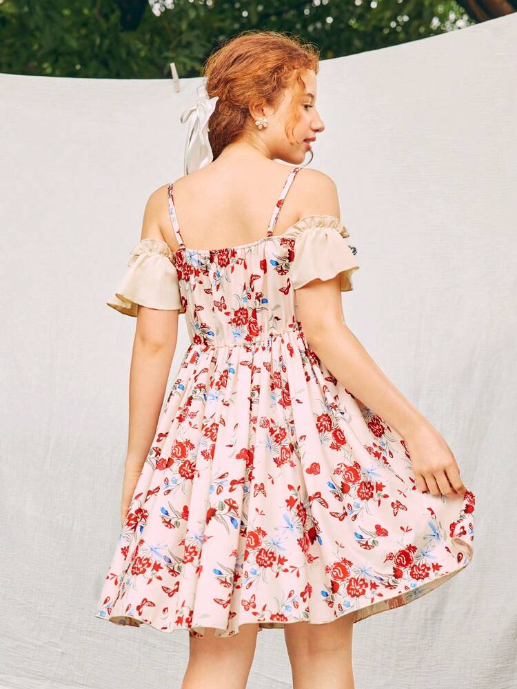 Teen Girl Summer Elegant Vacation Style Cold Shoulder Floral Print Dress With Straps Design, Suitable For Holiday Gathering