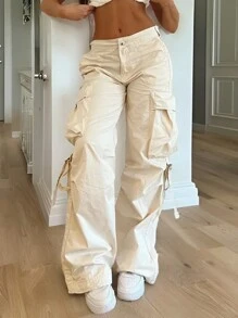 SHEIN EZwear Women Casual Solid Color Wide Leg Cargo Pants - Beige - View 1