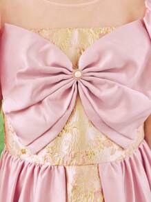 Tween Girl Front Bow Decor Satin Puff Sleeve Gold Jacquard Fabric Party Gown Dress - Multicolor - View 4