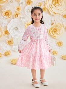 SHEIN 年輕女孩復古V領高腰蕾絲和印花中長款夏季連衣裙 - 粉色 - 查看 6