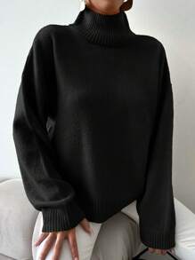 EURMUSE Women's Solid Color Stand Collar Drop Shoulder Sweater - Black - View 5