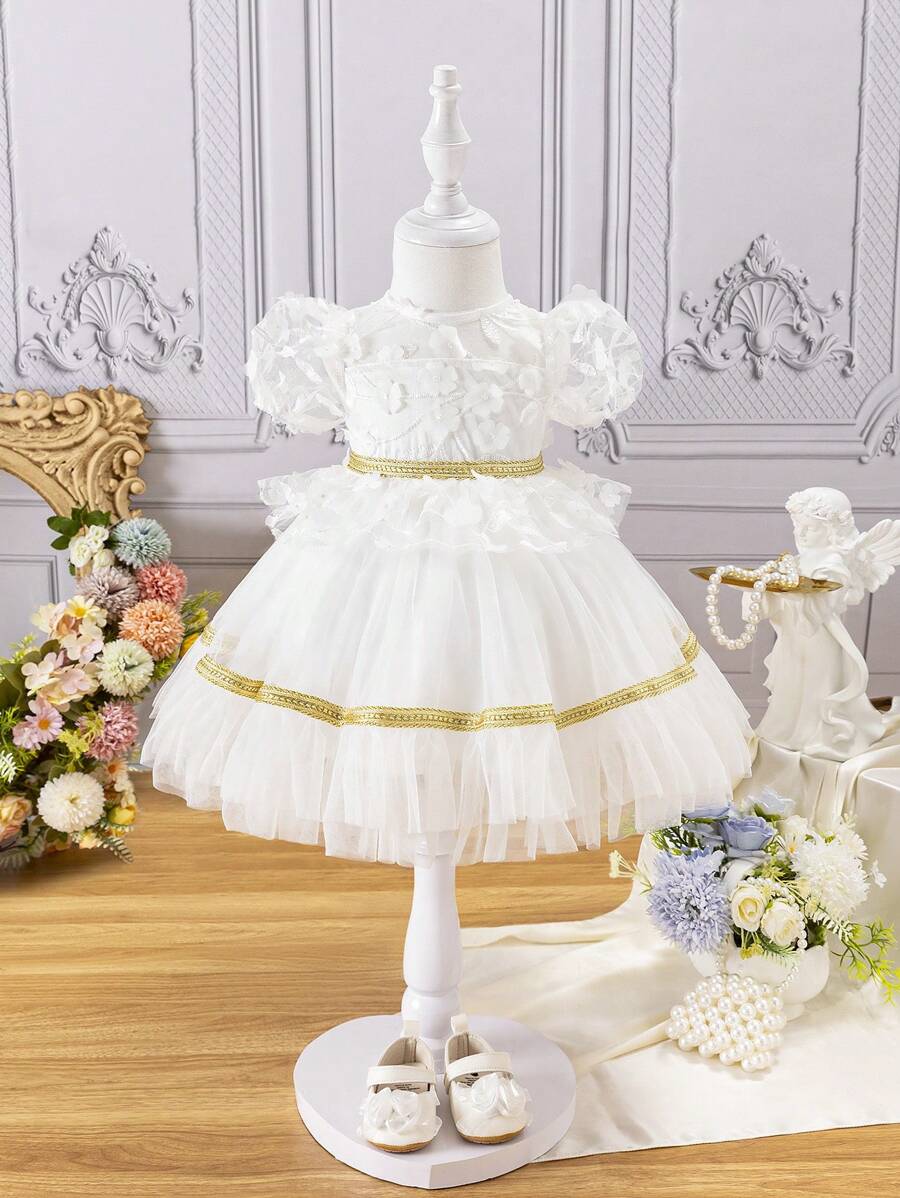 SHEIN Baby Girl 3d Flower Mesh Short Sleeve Tutu Dress - White - View 1