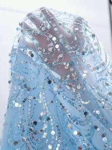 Glamrae 優雅天藍色亮片深V領肩部羽毛裝飾腰側性感透視修身美人魚裙及地長禮服，適用於舞會 - 淺藍色 - 查看 5