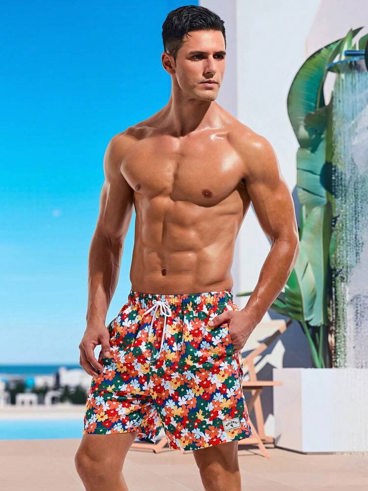 Men's Floral Printed Drawstring Casual Beach Shorts