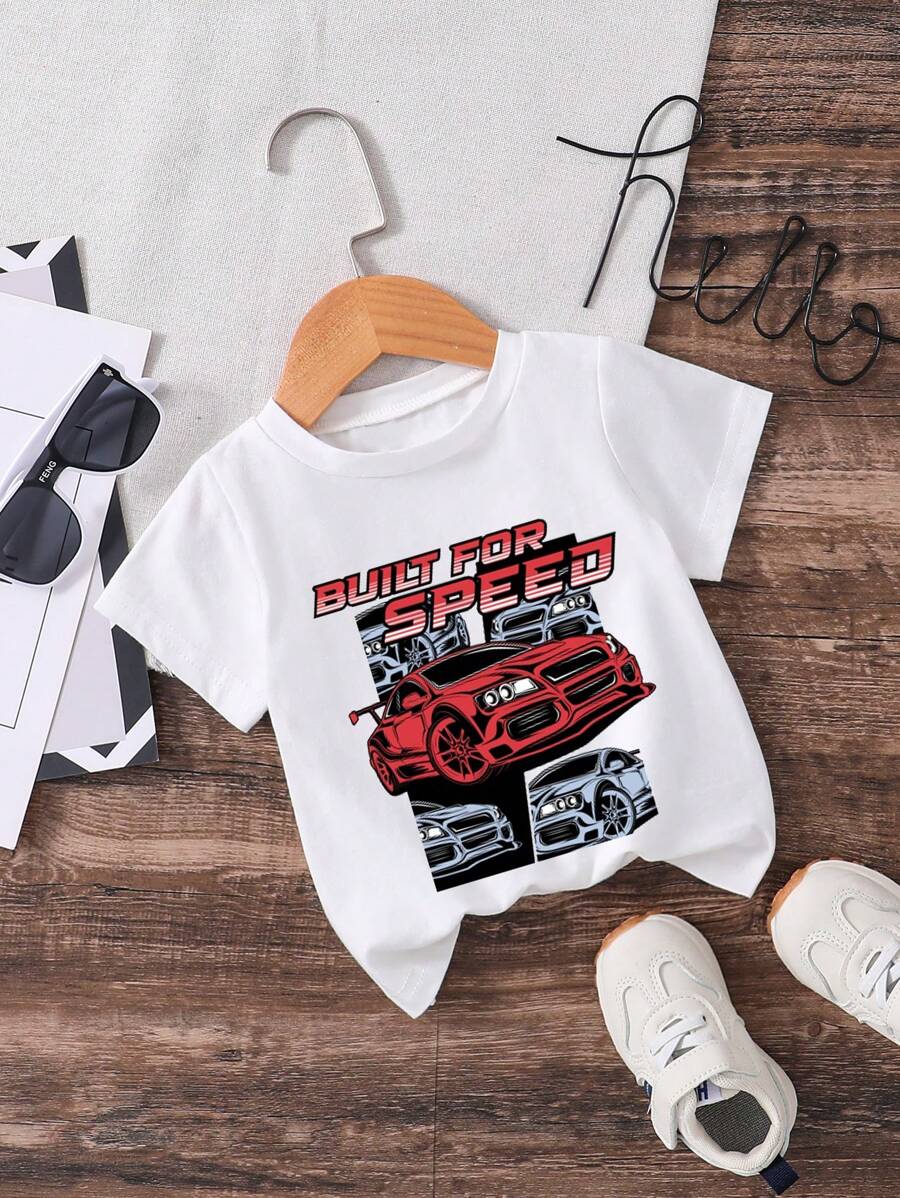 嬰兒男童復古酷炫賽車印花短袖T恤 - 白色 - 查看 1