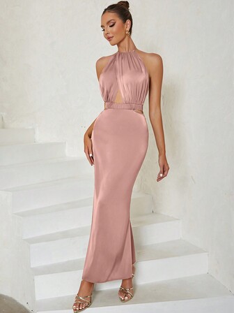 Abito scivolato senza maniche monocolore con scollo sulla schiena, con design a coda di pesce e taglio slim per donne