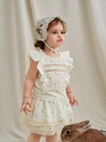 SHEIN Baby Girl Summer Vacation Ditsy Floral Lace Hem Shirt Skirt Set - White - View 5