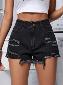 SHEIN PETITE Summer Casual Distressed Frayed Denim Shorts