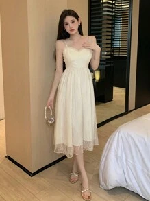 DAZY Women's Elegant Solid Color Embroidered Spaghetti Strap Summer Dress, Birthday Prom Dress,Ruffle,Dress For Wedding - Beige - View 4