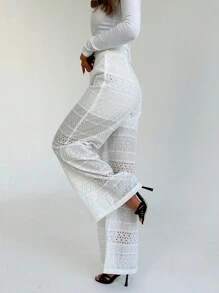 Aloruh Ladies' Regular Waist Hollow Out Flower Embroidered Floor Length Pants, Perfect For Romantic Dates And Vacations - White - View 3