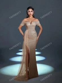 Faeriesty Stunning Shimmering Sequined Gown With Off-Shoulder Short Sleeves & High Thigh Slit, Elegant Romantic Prom Dress For Weddings, Parties & Events (Spring/Summer Glam, Flowing Tulle Side Panels, Party Dress Wedding Guest Dress Formal Dress Evening Dress