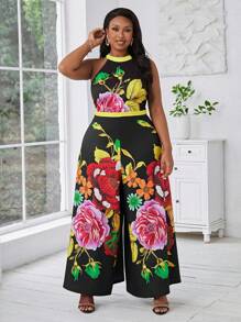 SHEIN Lady Plus size zomermuziekfestival jumpsuit met wijde pijpen, bloemmotief en halterhals