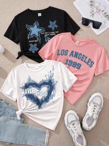 SHEIN Leap Crew Conjunto de 3 piezas de camisetas lisas para niña preadolescente con impresiones de corazones, estrellas y letras simples y de dibujos animados, perfecto para el verano - Multicolor - Ver 1