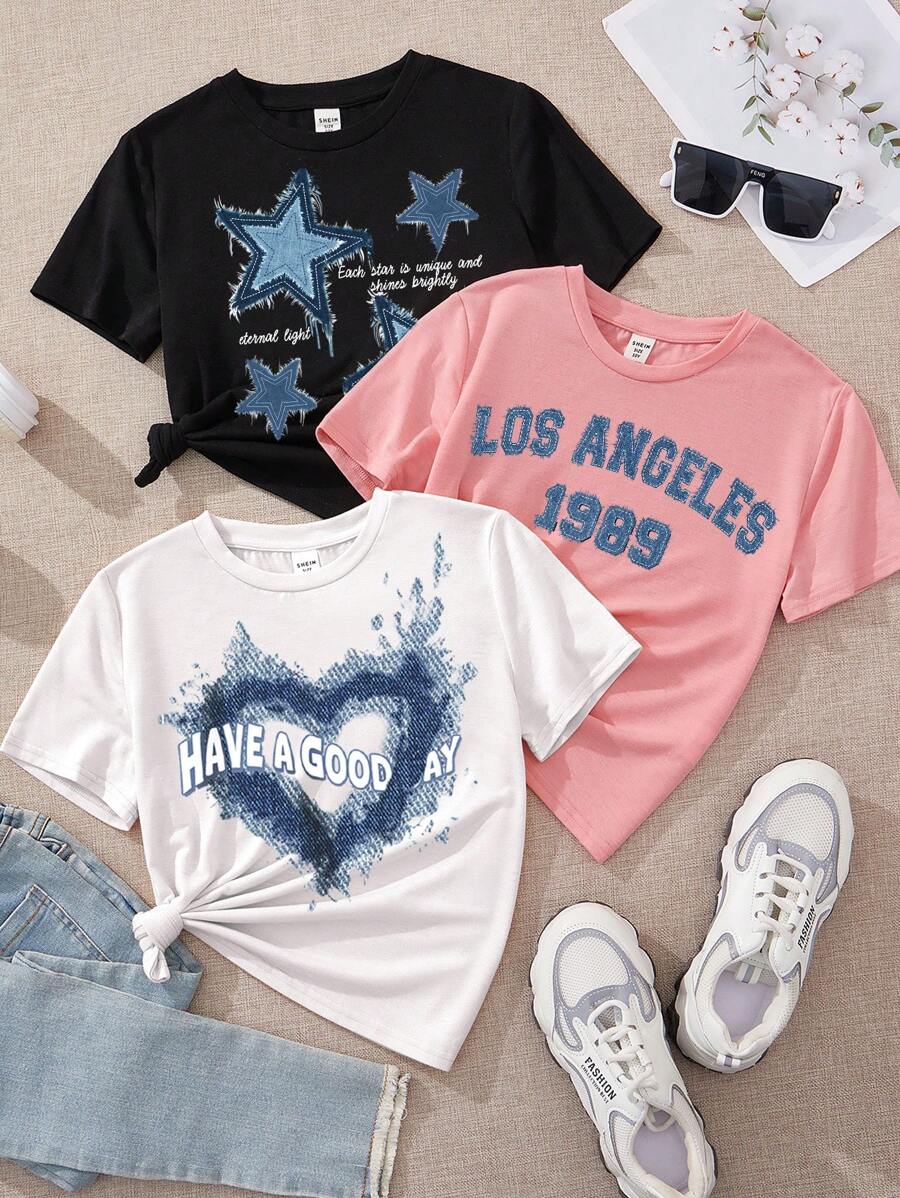 SHEIN Leap Crew Conjunto de 3 piezas de camisetas lisas para niña preadolescente con impresiones de corazones, estrellas y letras simples y de dibujos animados, perfecto para el verano - Multicolor - Ver 1