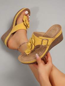 Women's Yellow Wedge Sandals With Floral Decorations, Elegant, Fashionable, Comfortable, Durable, 2024 New Collection, Heel And Platform Waterproof Slides, Mules - Yellow - View 3