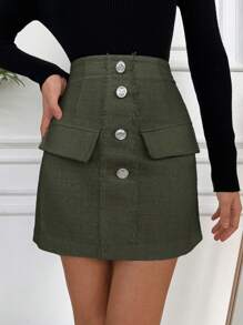 SHEIN PETITE 前紐扣翻蓋細節粗花呢半身裙 - 卡其色 - 查看 1